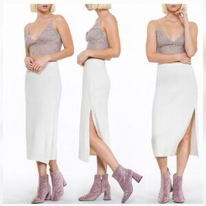 NWT En Creme Ribbed Knit Midi Skirt Size Small In Gray Wool Blend